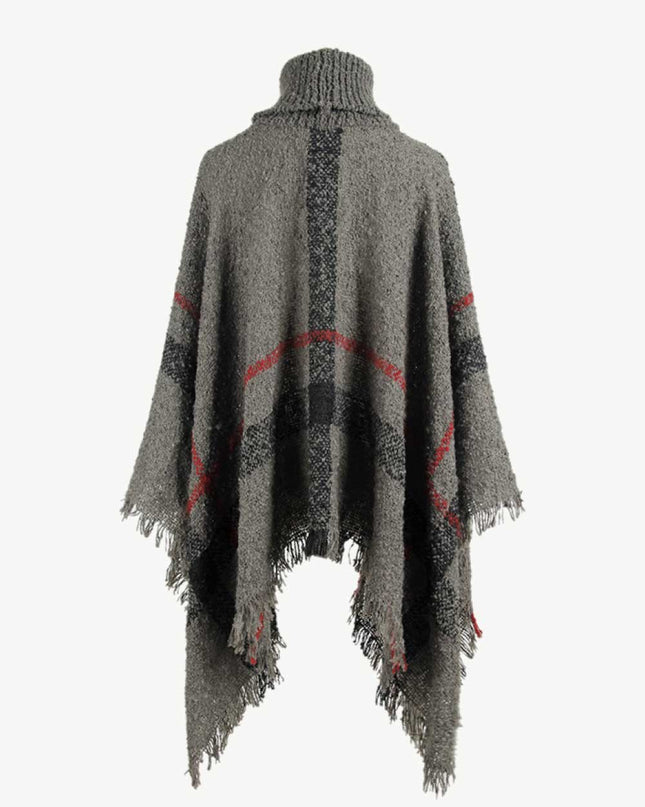 Plaid Turtleneck Raw Hem Poncho