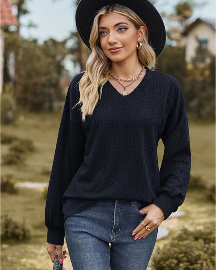 V-Neck Dropped Shoulder Blouse Dark Blue