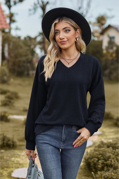 V-Neck Dropped Shoulder Blouse Dark Blue