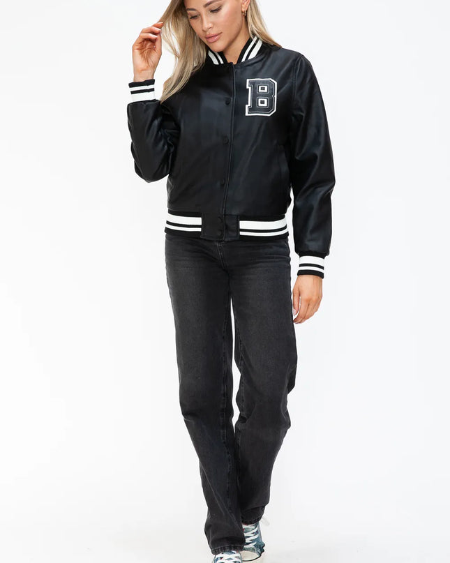 Love Me Now PU Leather Contrast Snap Down Bomber Jacket