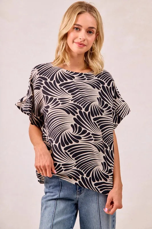 BiBi Print Woven Ruffled Sleeves Top