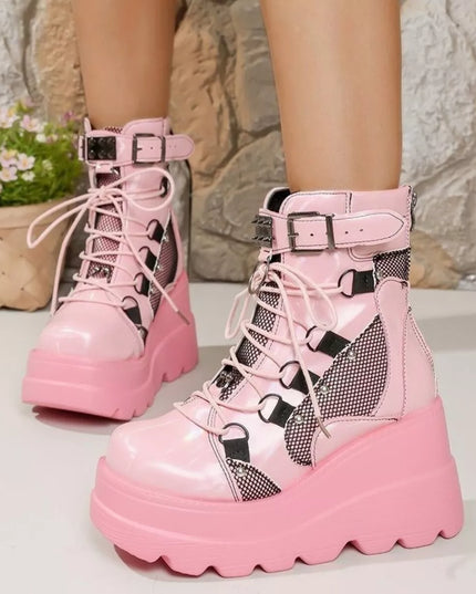 Lace Up Round Toe Wedge Boots Pink
