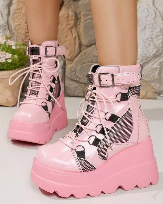 Lace Up Round Toe Wedge Boots Pink