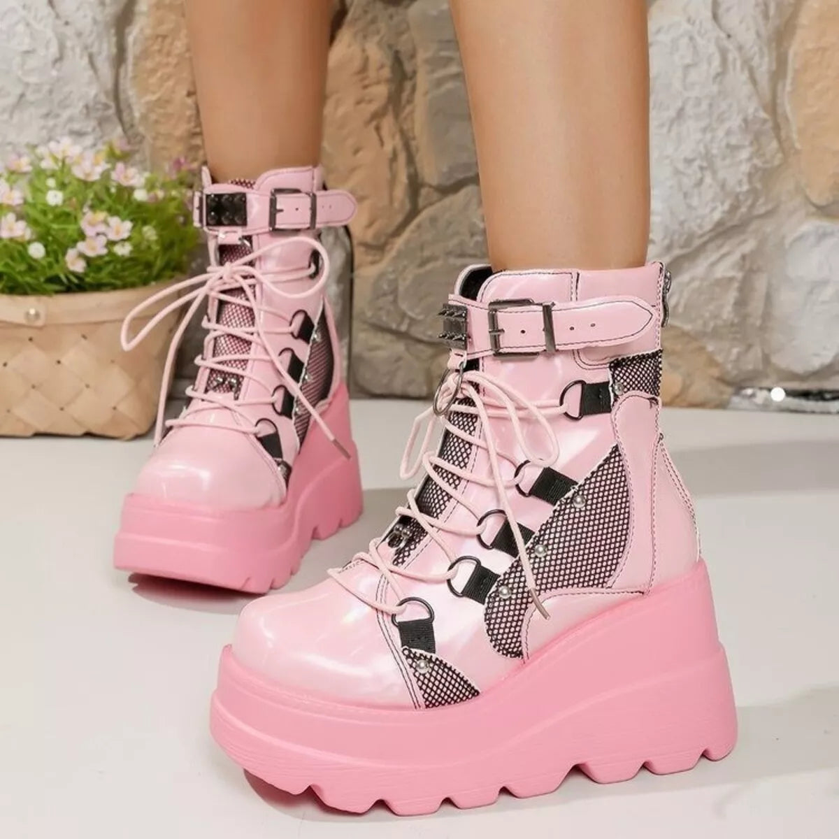 Lace Up Round Toe Wedge Boots Pink