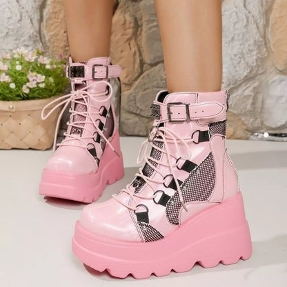 Lace Up Round Toe Wedge Boots Pink