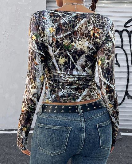 Leopard Long Sleeve Square Neck T-Shirt