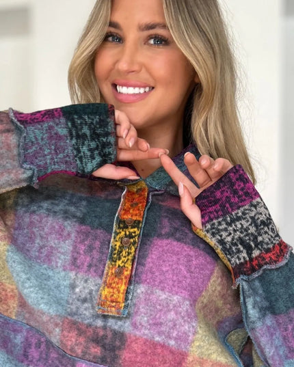 Double Take Full Size Plaid Dropped Shoulder Fleece Hoodie