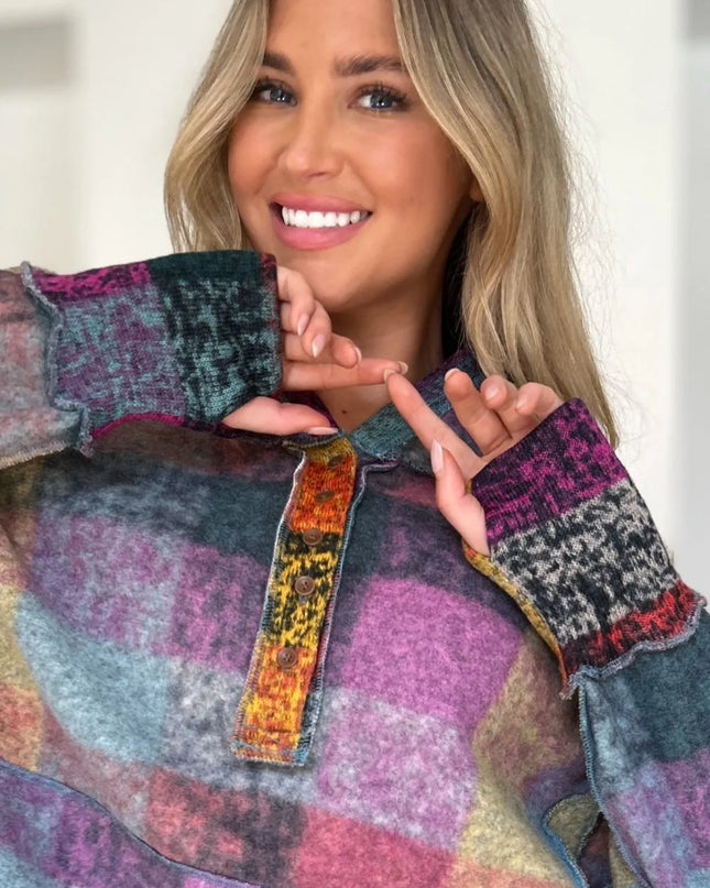 Double Take Full Size Plaid Dropped Shoulder Fleece Hoodie