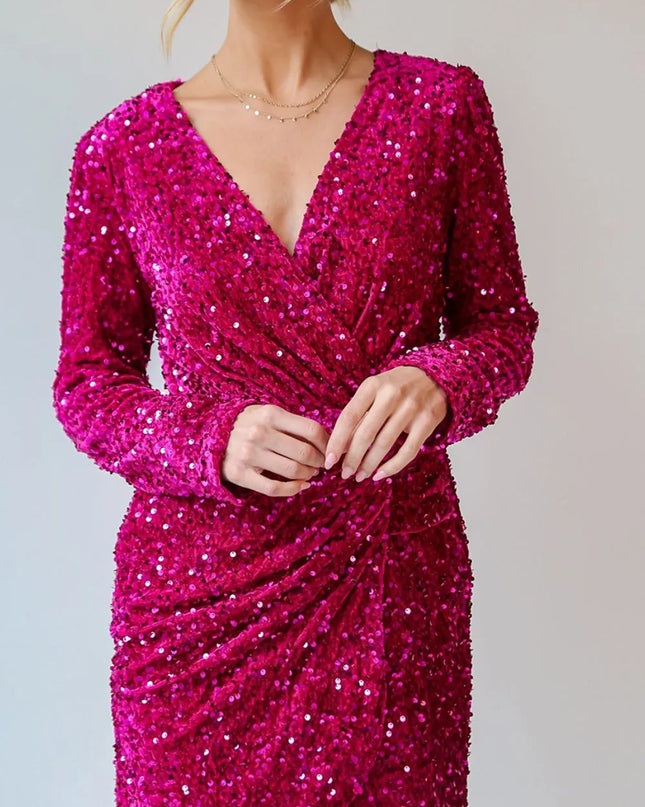 Sequin Surplice Long Sleeve Mini Dress Deep Rose