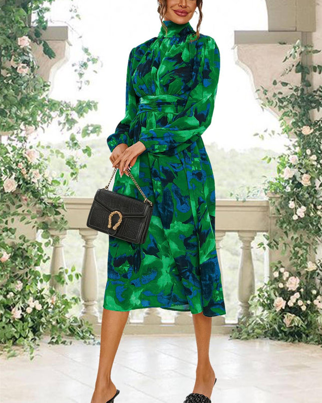 Abstract Floral Print Long Sleeve Midi Dress in Green