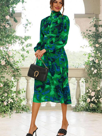 Abstract Floral Print Long Sleeve Midi Dress in Green