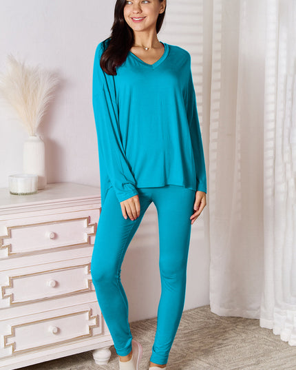 Basic Bae Full Size V-Neck Soft Rayon Long Sleeve Top and Pants Lounge Set Sky Blue