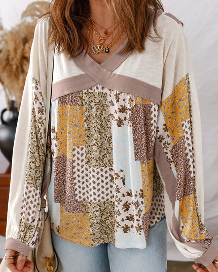 Floral Printed Contrast Patchwork Long Sleeve Top Khaki
