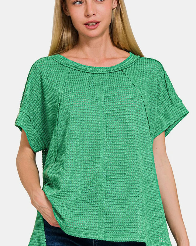 Zenana Waffle Exposed-Seam Short Sleeve T-Shirt K Green
