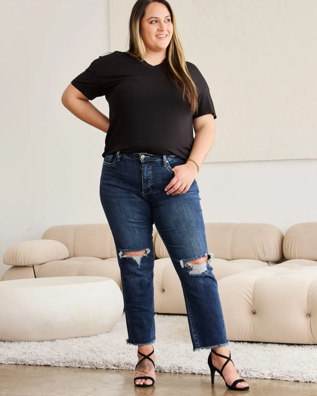 RFM Crop Dylan Full Size Tummy Control Distressed High Waist Raw Hem Jeans