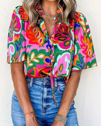 Printed Tie Neck Short Sleeve Blouse