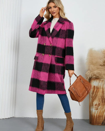 Plaid Double-Breasted Long Sleeve Coat