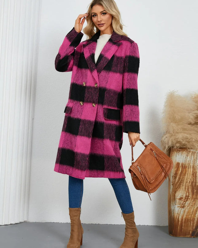 Plaid Double-Breasted Long Sleeve Coat
