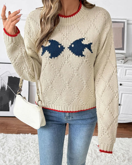 Fish Pattern Round Neck Sweater