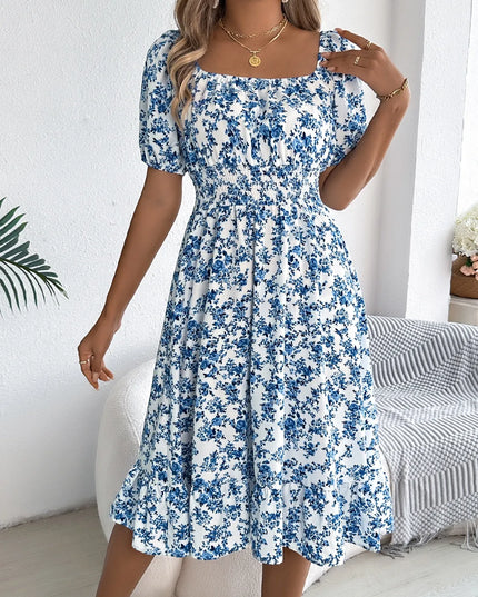 Ruffled Hem Floral Puff Sleeve Dress