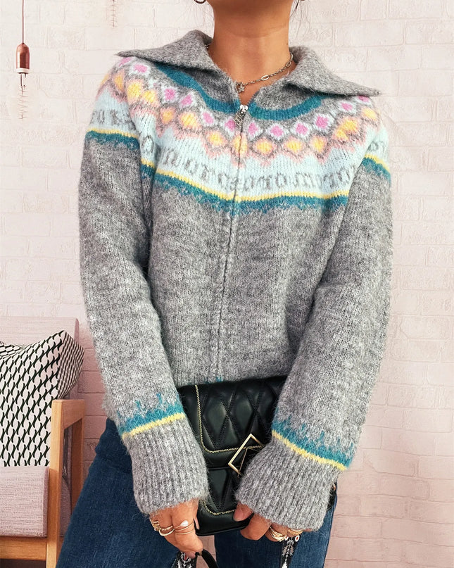 Fair Isle Pattern Zip-Up Cardigan