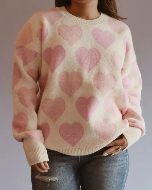 Heart Ribbed Hem Long Sleeve Sweater