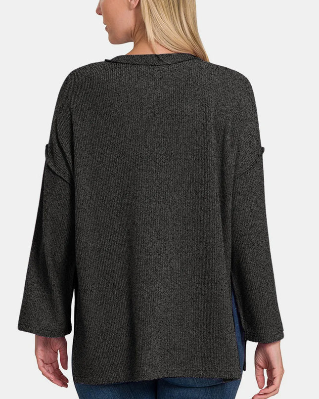 Zenana Full Size Ribbed Half Button Slit Knit Top