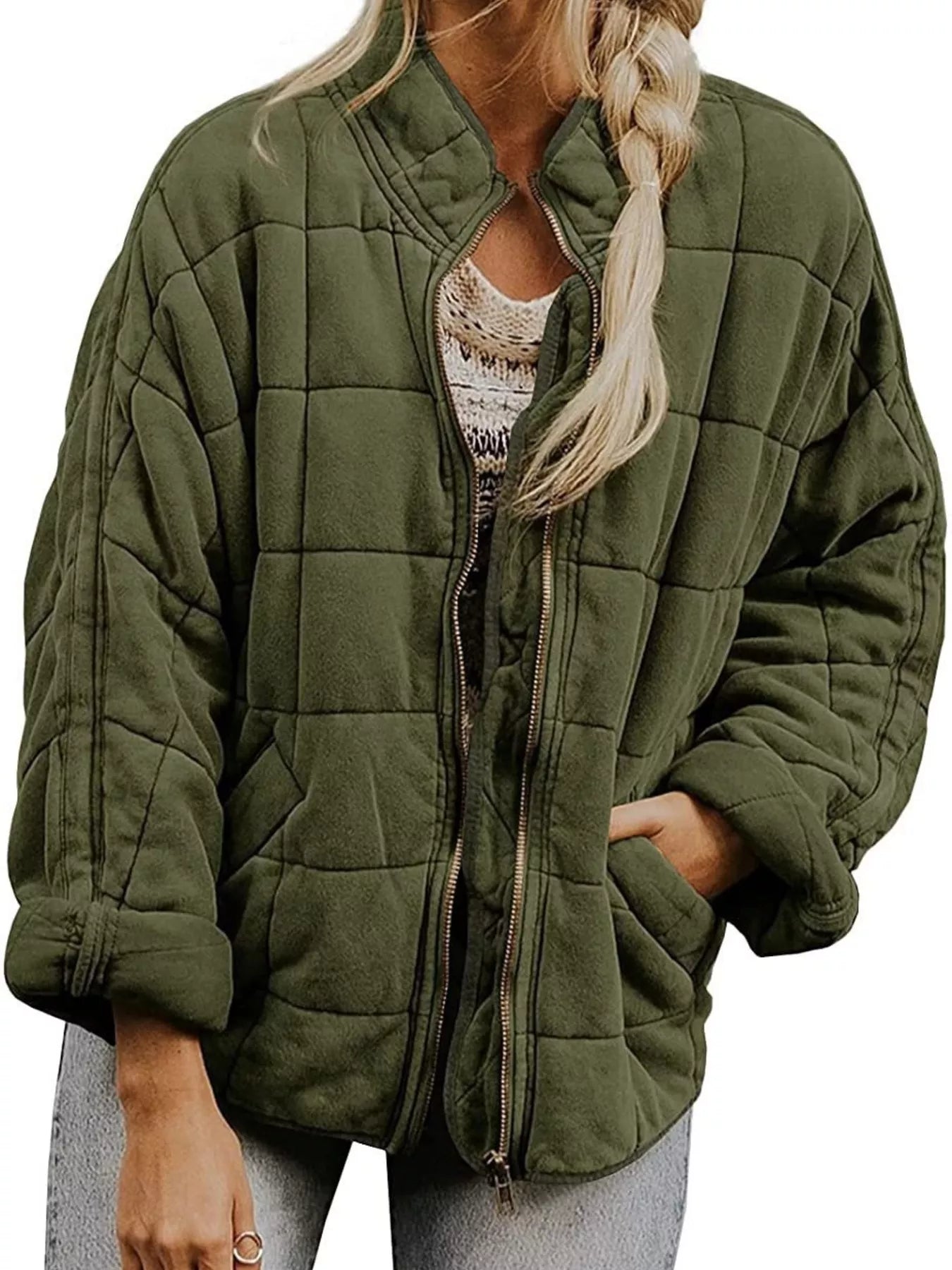 Full Size Zip Up Quilted Bomber Jacket Plus Size Army Green
