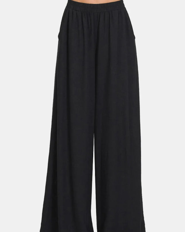 Zenana Pleated Linen Blend Wide Leg Pants