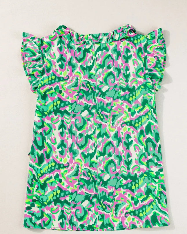 Abstract Print Ruffled Trim Tie Neck Top