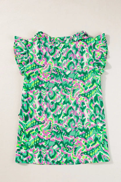 Abstract Print Ruffled Trim Tie Neck Top