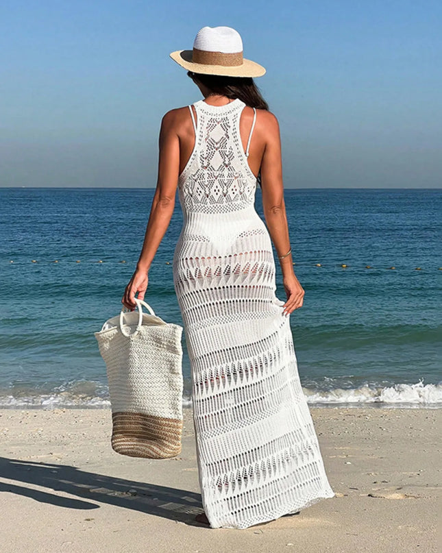 Crochet Sleeveless Split Cover-Up Maxi Dress White