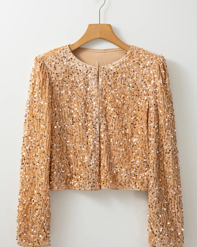 Sequin Open Front Long Sleeve Jacket Tan