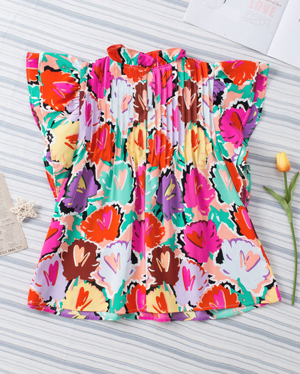 Multicolored Flutter Sleeve Mock Neck Blouse