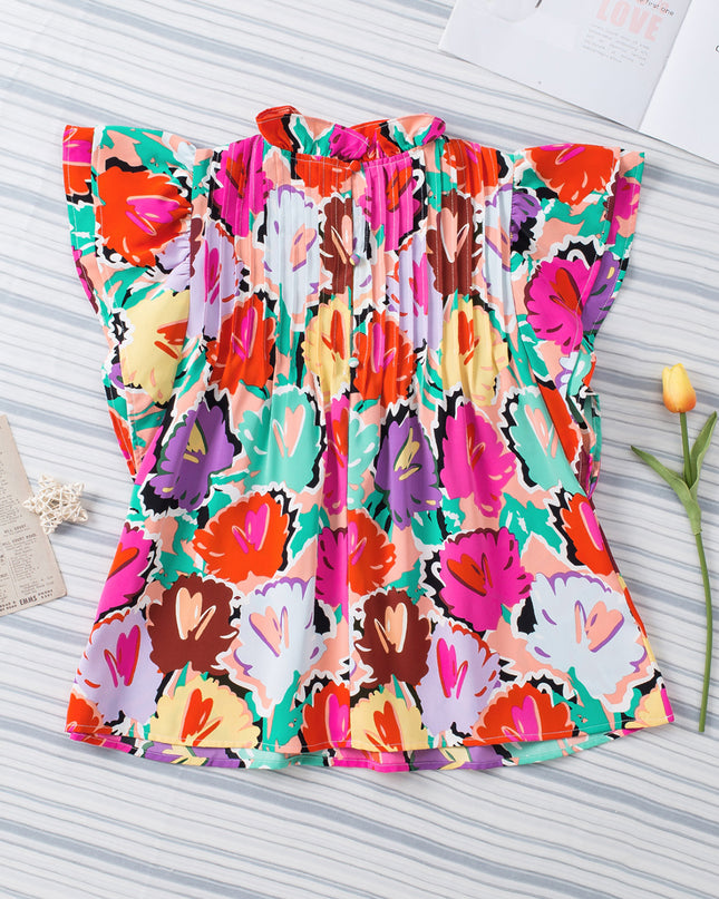 Multicolored Flutter Sleeve Mock Neck Blouse