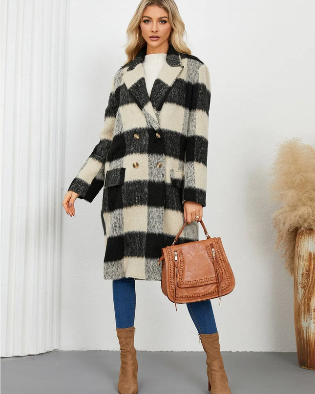 Plaid Double-Breasted Long Sleeve Coat