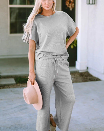 Double Take Full Size Texture Short Sleeve Top and Pants Set Cloudy Blue