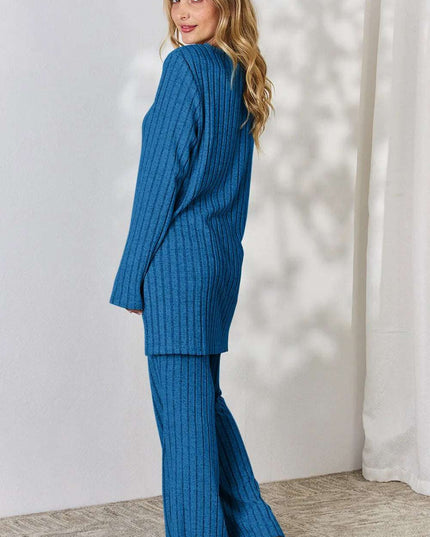 Basic Bae Full Size Ribbed High-Low Top and Wide Leg Pants Set