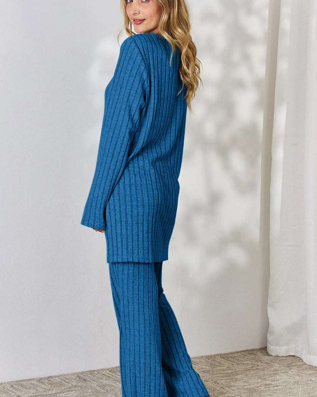 Basic Bae Full Size Ribbed High-Low Top and Wide Leg Pants Set