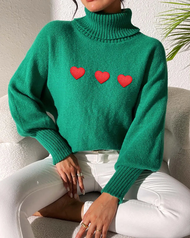 Heart Turtleneck Long Sleeve Sweater
