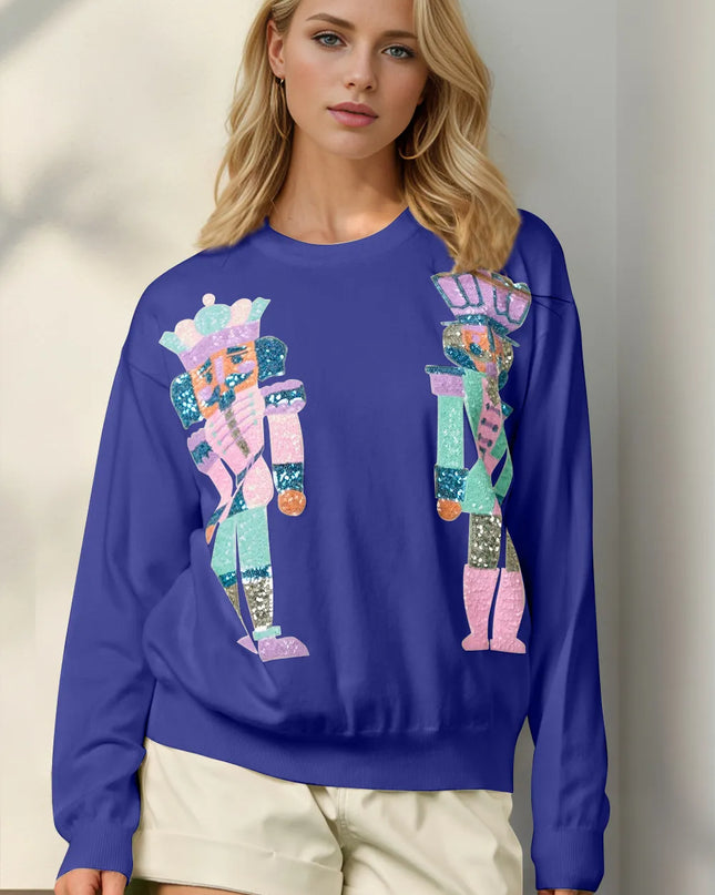 Double Take Full Size Sequin Nutcracker Long Sleeve Sweater Royal Blue