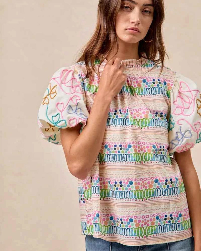 BiBi Ruffle Neckline Blouse With Embroidery Bubble Sleeve