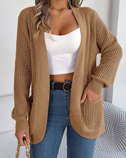 Open Front Long Sleeve Cardigan with Pockets Caramel