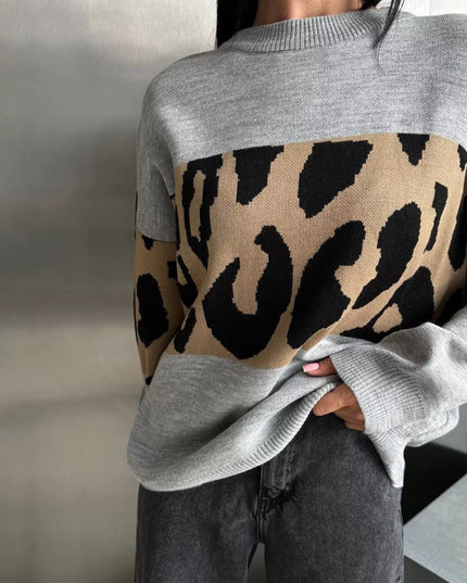 Leopard Color Block Round Neck Sweater