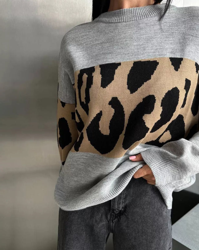 Leopard Color Block Round Neck Sweater