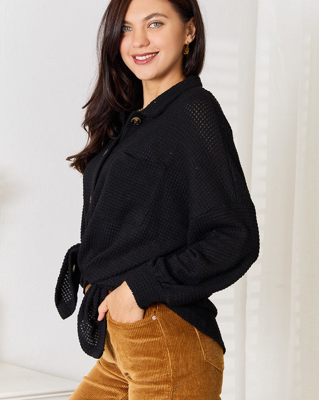 Double Take Waffle-Knit Collared Neck Dropped Shoulder Shirt