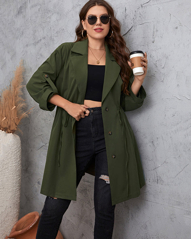 Honey Plus Size Lapel Collar Roll-Tab Sleeve Trench Coat Green
