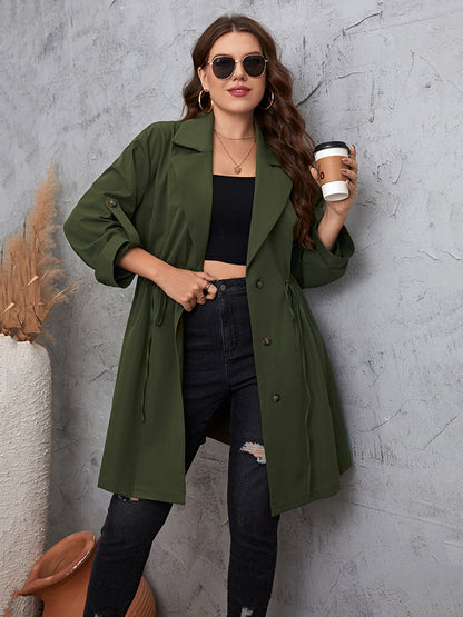 Honey Plus Size Lapel Collar Roll-Tab Sleeve Trench Coat Green