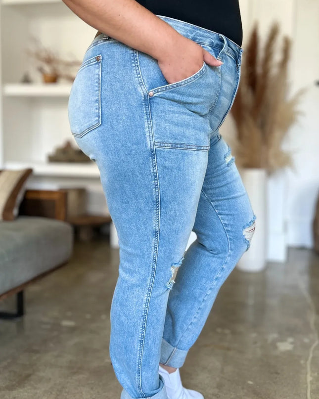 Judy Blue Full Size Distressed Straight Jeans with Patch Pockets