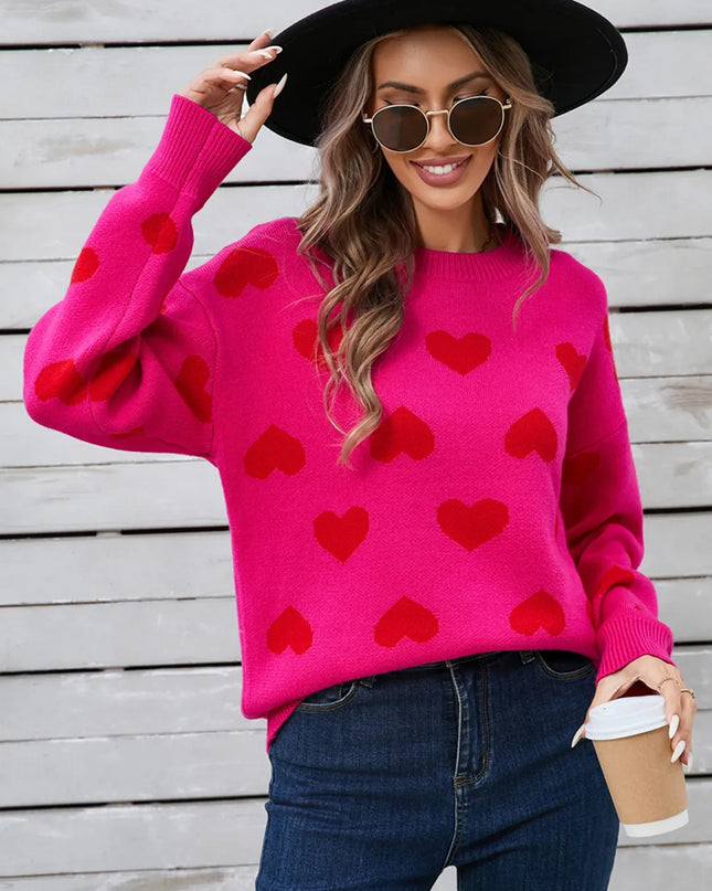 Angel Wings Heart Round Neck Long Sleeve Sweater Hot Pink